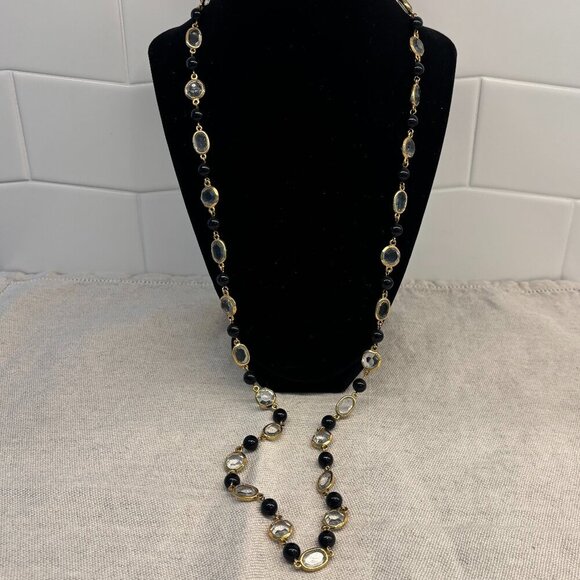 Vintage Trifari Black & Clear Beaded Gold Tone Necklace - 30 inches - Picture 2 of 3